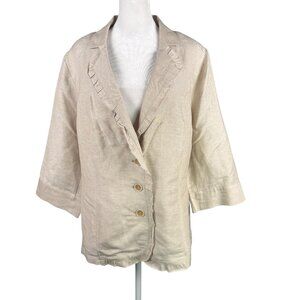 Lane Bryant 18 Linen Blend Blazer Jacket Ruffle Trim Tie Back Beige 3/4 Sleeve